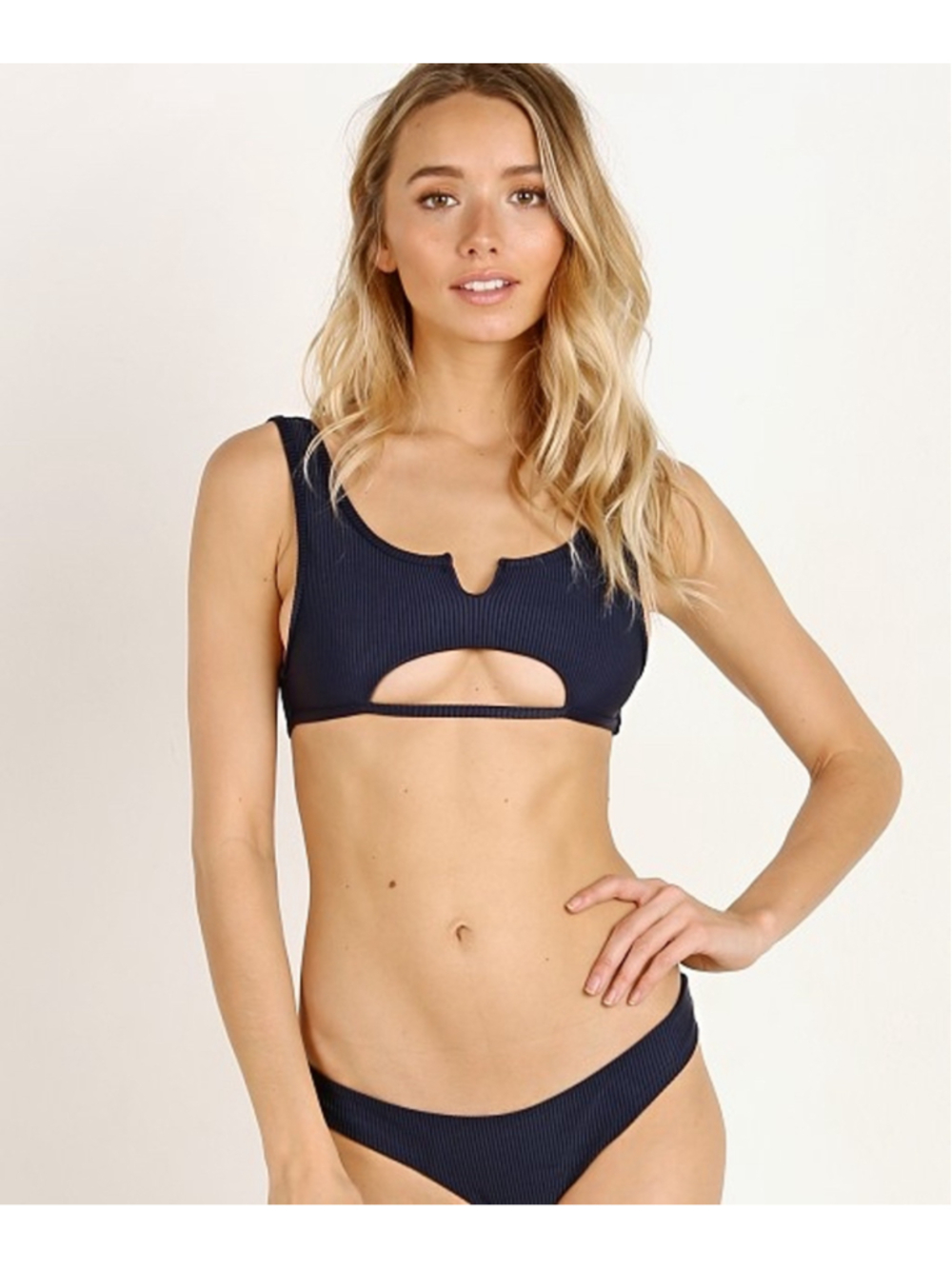 Frankies Bikinis Cole Cutout Ribbed Bikini Top Navy NWT L